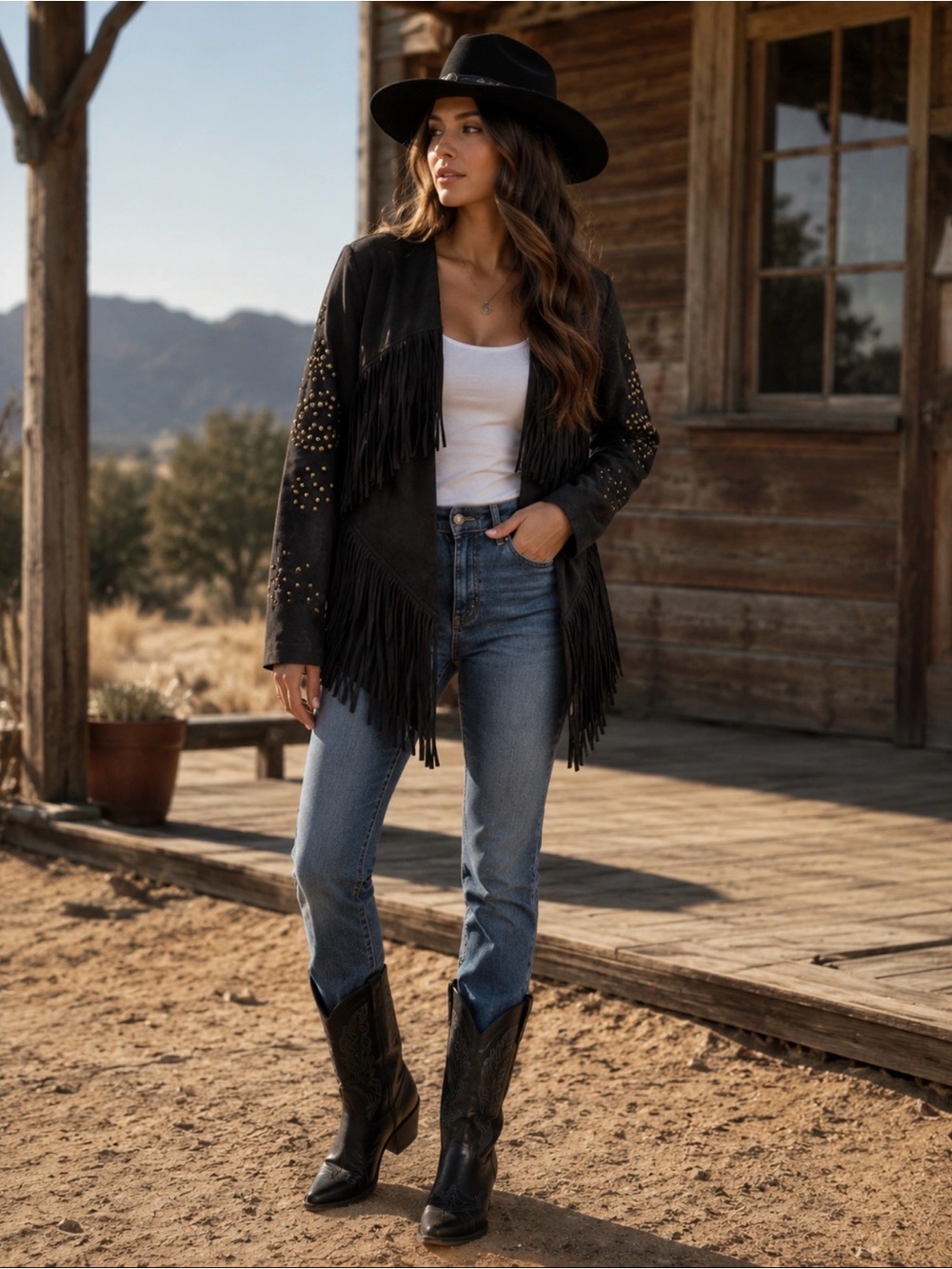 Vocal Black Fringe Suede-like Jacket with Stud Accents